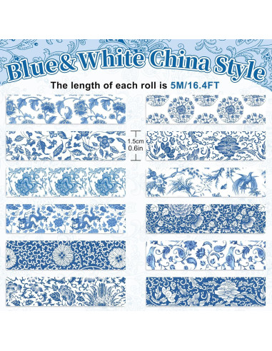 Cinta Washi Floral Azul Whaline - 12 Rollos 1.5cm x 5m