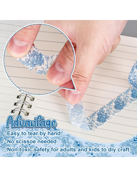 Cinta Washi Floral Azul Whaline - 12 Rollos 1.5cm x 5m