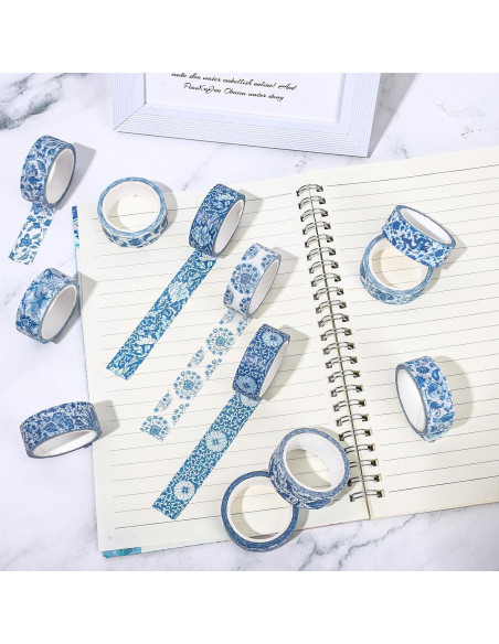 Cinta Washi Floral Azul Whaline - 12 Rollos 1.5cm x 5m