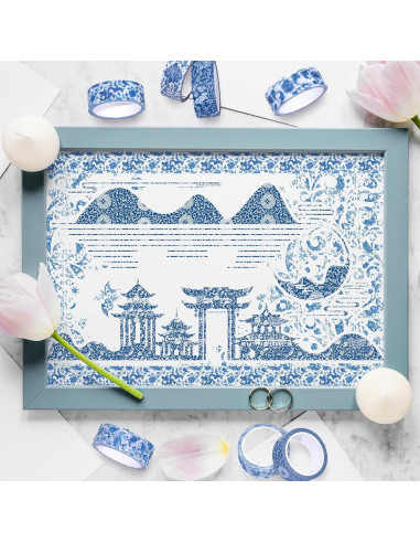 Cinta Washi Floral Azul Whaline - 12 Rollos 1.5cm x 5m