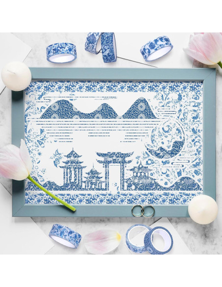 Cinta Washi Floral Azul Whaline - 12 Rollos 1.5cm x 5m