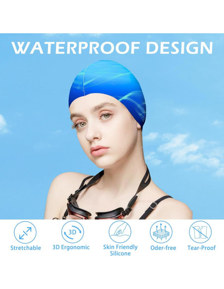 Gorro de natación AuSletie de silicona para mujer - Degradado Azul