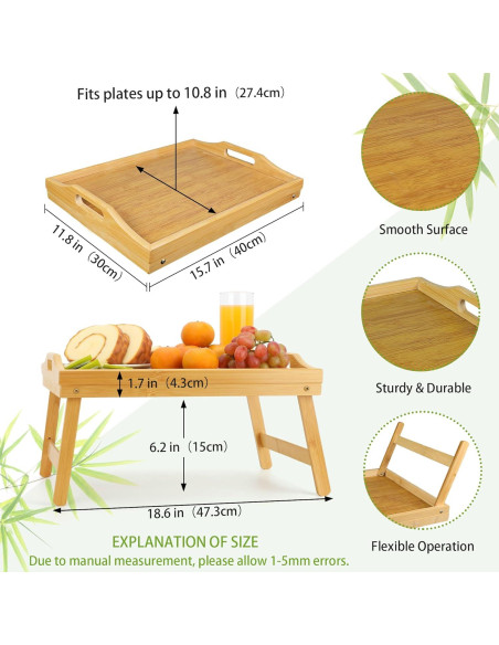 Bandeja de Cama Plegable TOPULORS de Bambú 39.9x29.9 cm