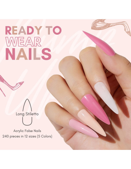Kit de Uñas Acrílicas Makartt Stiletto Largo 240PCS Gel