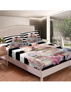 Juego de Sábanas Queen jejeloiu Microfibra Rosa y Negro 2