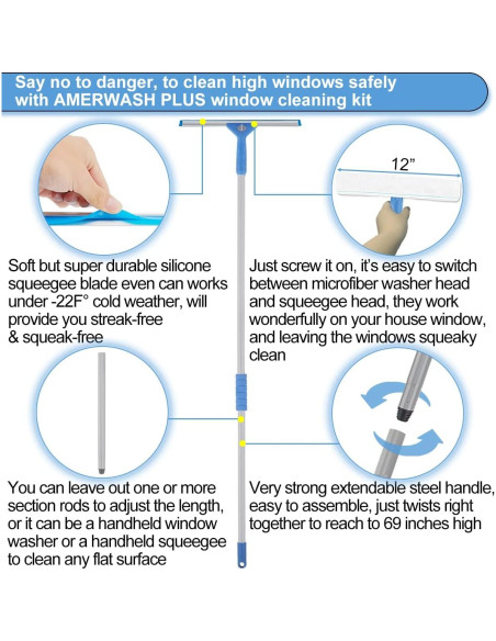 Kit de limpieza de ventanas AMERWASH PLUS con mango extensible 175 cm