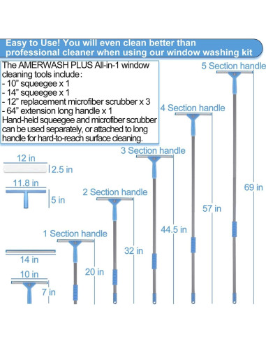 Kit de limpieza de ventanas AMERWASH PLUS con mango extensible 175 cm