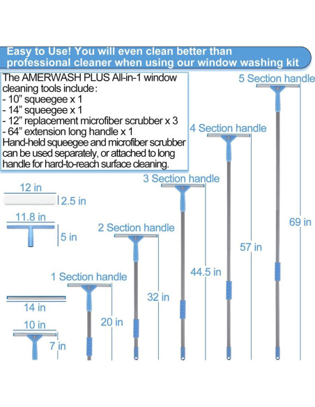 Kit de limpieza de ventanas AMERWASH PLUS con mango extensible 175 cm