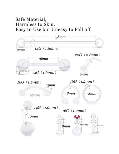 Retenedores de Piercing Vsnnsns 72 Piezas Acrílico Transparente