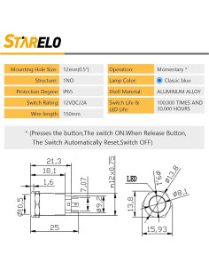 Interruptor Momentáneo LED 12mm STARELO 5pcs Carcasa Negra 2
