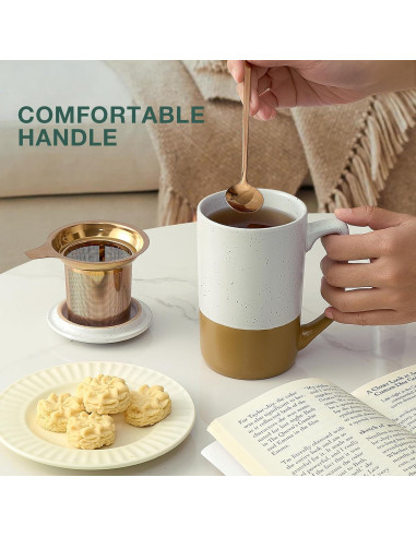 Taza de Té Grande Gencywe 473 ml con Infusor y Tapa Ámbar