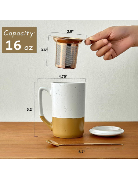 Taza de Té Grande Gencywe 473 ml con Infusor y Tapa Ámbar