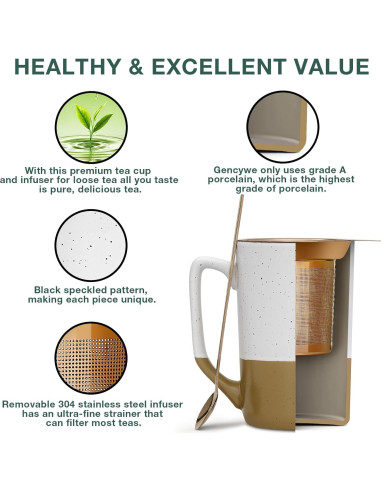 Taza de Té Grande Gencywe 473 ml con Infusor y Tapa Ámbar