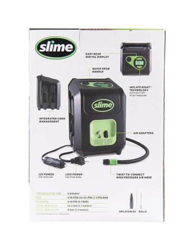 Inflador de Neumáticos Slime 40052, Portátil 12V/120V, 99 psi