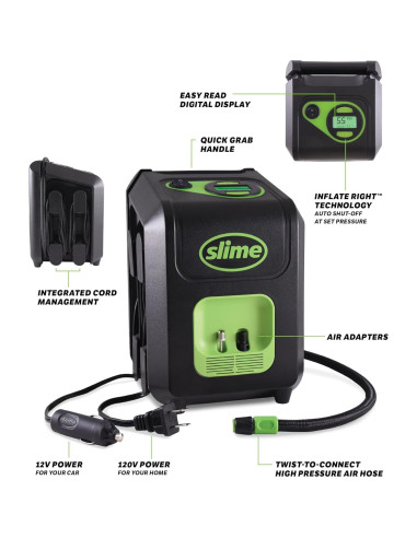 Inflador de Neumáticos Slime 40052, Portátil 12V/120V, 99 psi