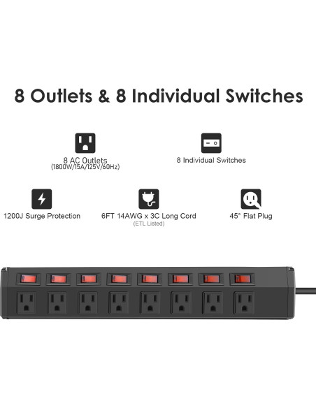 Regleta de Potencia ANNQUAN 8 Salidas 1200 Julios 1.83m