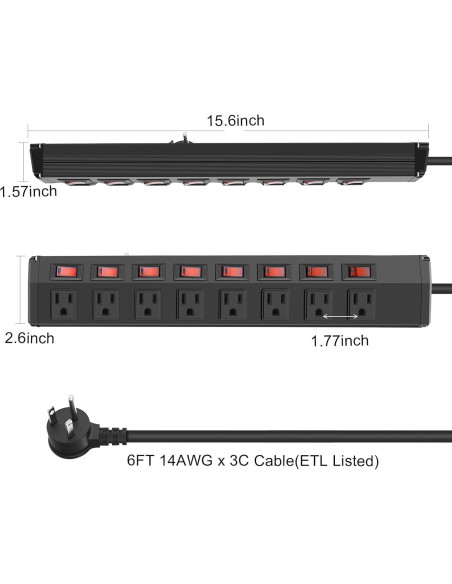 Regleta de Potencia ANNQUAN 8 Salidas 1200 Julios 1.83m