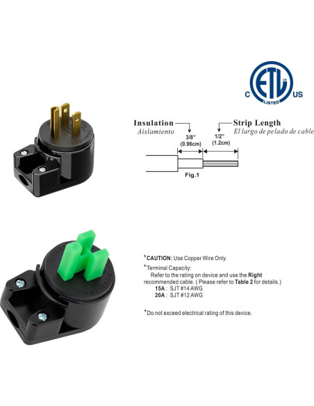 Enchufe en Ángulo Recto Nema 5-15P PluGrand 15A 125V Negro