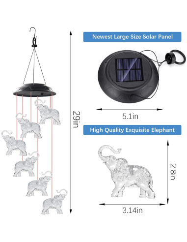 Campanas de Viento LED Solares WANQDG Elefante Blanco IP67