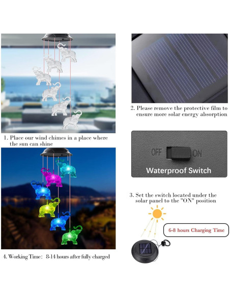 Campanas de Viento LED Solares WANQDG Elefante Blanco IP67