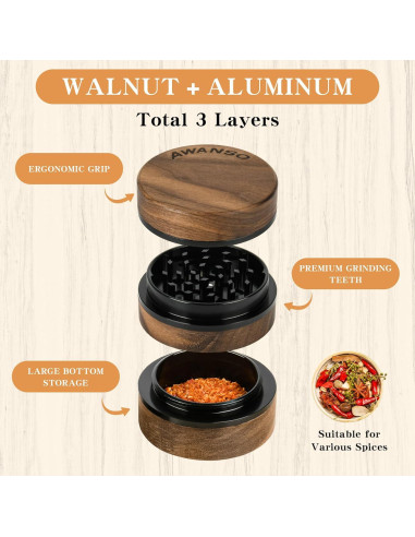 Molino de Especias Manual Awanso 3 Piezas Madera Nogal 6.35 cm