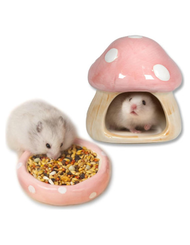 Casa de Cerámica en Forma de Hongo Rosa para Hámster y Cobayas