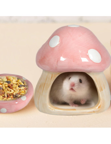 Casa de Cerámica en Forma de Hongo Rosa para Hámster y Cobayas