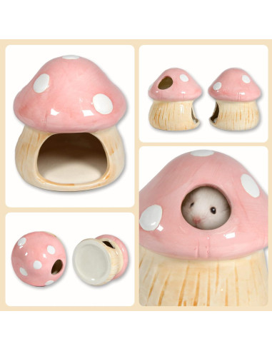 Casa de Cerámica en Forma de Hongo Rosa para Hámster y Cobayas