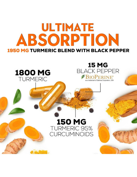 Cápsulas de Cúrcuma Curcumina 1950mg con BioPerina - 120 Unidades