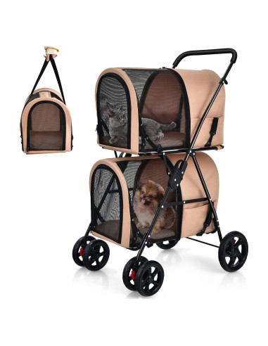Carrito Doble para Mascotas Giantex Beige, 4 en 1, Plegable