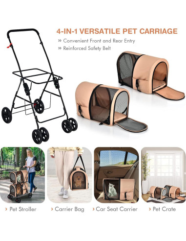 Carrito Doble para Mascotas Giantex Beige, 4 en 1, Plegable
