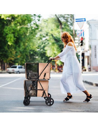 Carrito Doble para Mascotas Giantex Beige, 4 en 1, Plegable