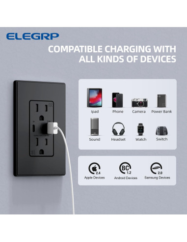 Cargador USB de pared ELEGRP 15A con puertos A y C negro