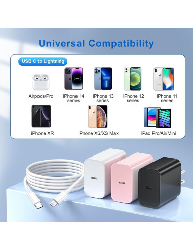 Cargador Rápido 20W MFi para iPhone 14/13/12/11 - Paquete de 3