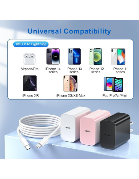 Cargador Rápido 20W MFi para iPhone 14/13/12/11 - Paquete de 3