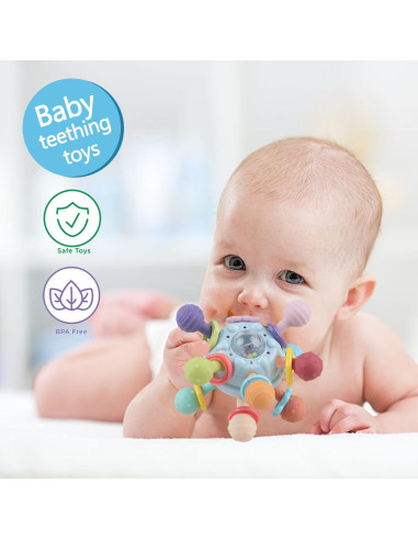 Juguete Sensorial Montessori Bebés Azul - Mordedor y Sonajero