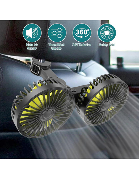 Ventilador de Coche USB Wowok Doble Cabeza 3 Velocidades 360