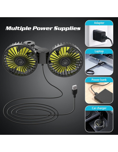 Ventilador de Coche USB Wowok Doble Cabeza 3 Velocidades 360
