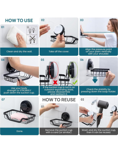 Soporte de Jabón TAILI con Ventosa Negro, Autodrenante, 1 Nivel