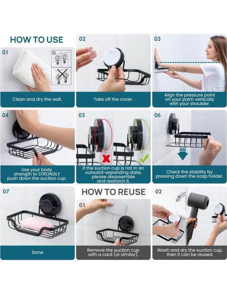 Soporte de Jabón TAILI con Ventosa Negro, Autodrenante, 1 Nivel