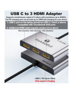 Adaptador USB C a 3 HDMI 4K 60Hz con carga PD 100W - THANDBLE 2