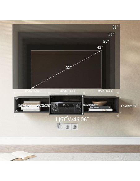 Soporte de TV Flotante IBUYKE Negro 3 Estantes 116.8 cm