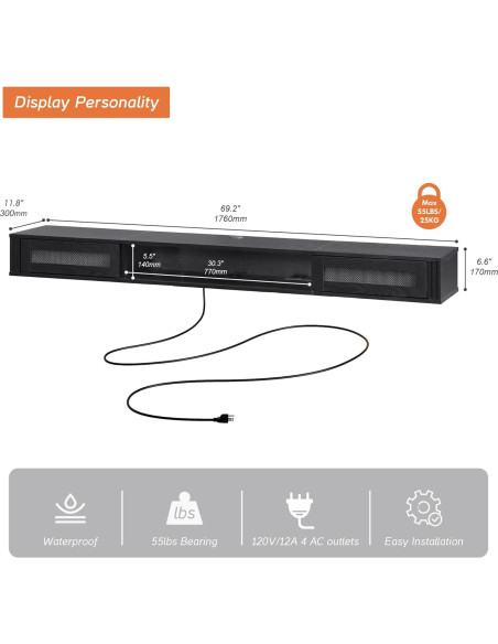 Estante de TV Flotante WAMPAT 80" con Toma de Corriente, Negro