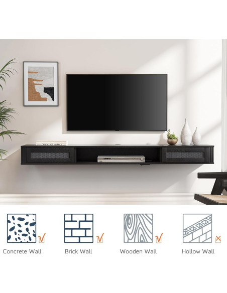 Estante de TV Flotante WAMPAT 80" con Toma de Corriente, Negro