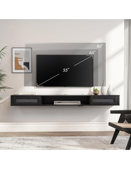 Estante de TV Flotante WAMPAT 80" con Toma de Corriente, Negro