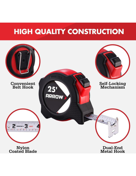 Cinta Métrica Auto-Bloqueo Arrow 7.62m Doble Cara con Clip