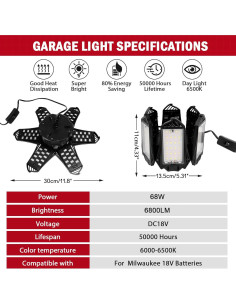 Luz de Trabajo LED LIVOWALNY 68W 6800LM 6+1 Paneles para Garaje 2