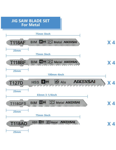 Juego de 20 Hojas de Sierra de Calar AIKENSAI T-Shank para Metal