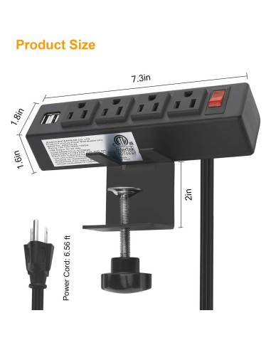 Toma de Corriente de Escritorio HHSOET 4 Salidas AC 2 USB 1.83m