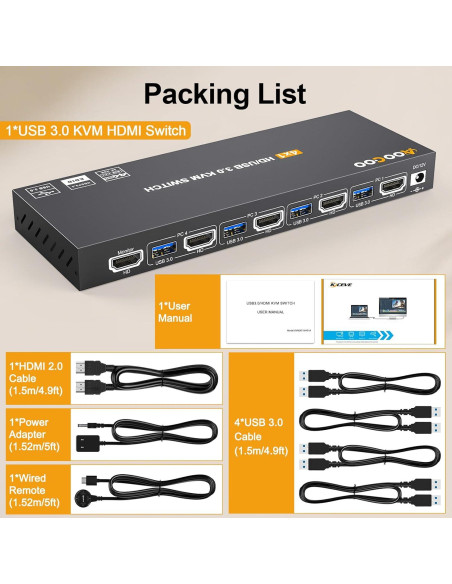 Interruptor KVM HDMI 4K AOOCOO 4 PCs 1 Monitor USB 3.0 Interruptor KVM HDMI 4K AOOCOO 4 PCs 1 Monitor USB 3.0